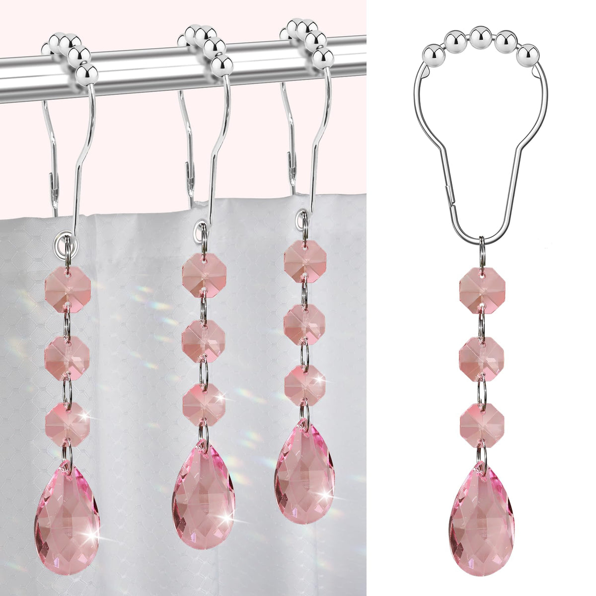 Shower Curtain Hooks Rings for Bathroom, 12PCS Gemstone Crystal Bead Water Drop Stainless Steel Rust Resistant Clear Shower Curtain Rings (Clear)