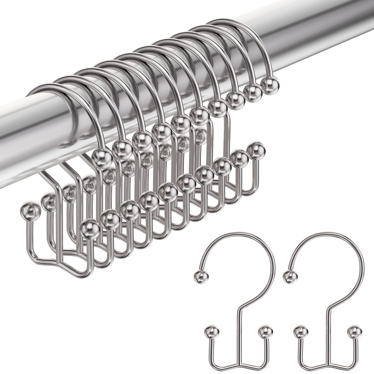 Amazer Shower Curtain Hooks, Decorative Shower Curtain Hooks Rust Proof Stainless Steel Shower Curtain Hooks, Shower Hooks for Shower Curtain Bathroom 12PCS, Polished Chrome