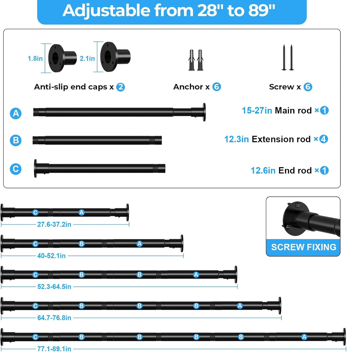 AIZESI Permanent Shower Curtain Rod 28-90", Wall Mounted Curtain Rod Black