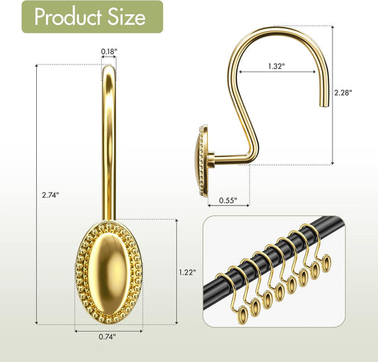 AmazerBath Gold Shower Curtain Hooks, 12PCS Rust Proof Shower Curtain Rings, Decorative Modern Shower Curtain Hangers, Elliptical Heavy Duty Design Convenient for Bathroom Kitchen Wardrobe