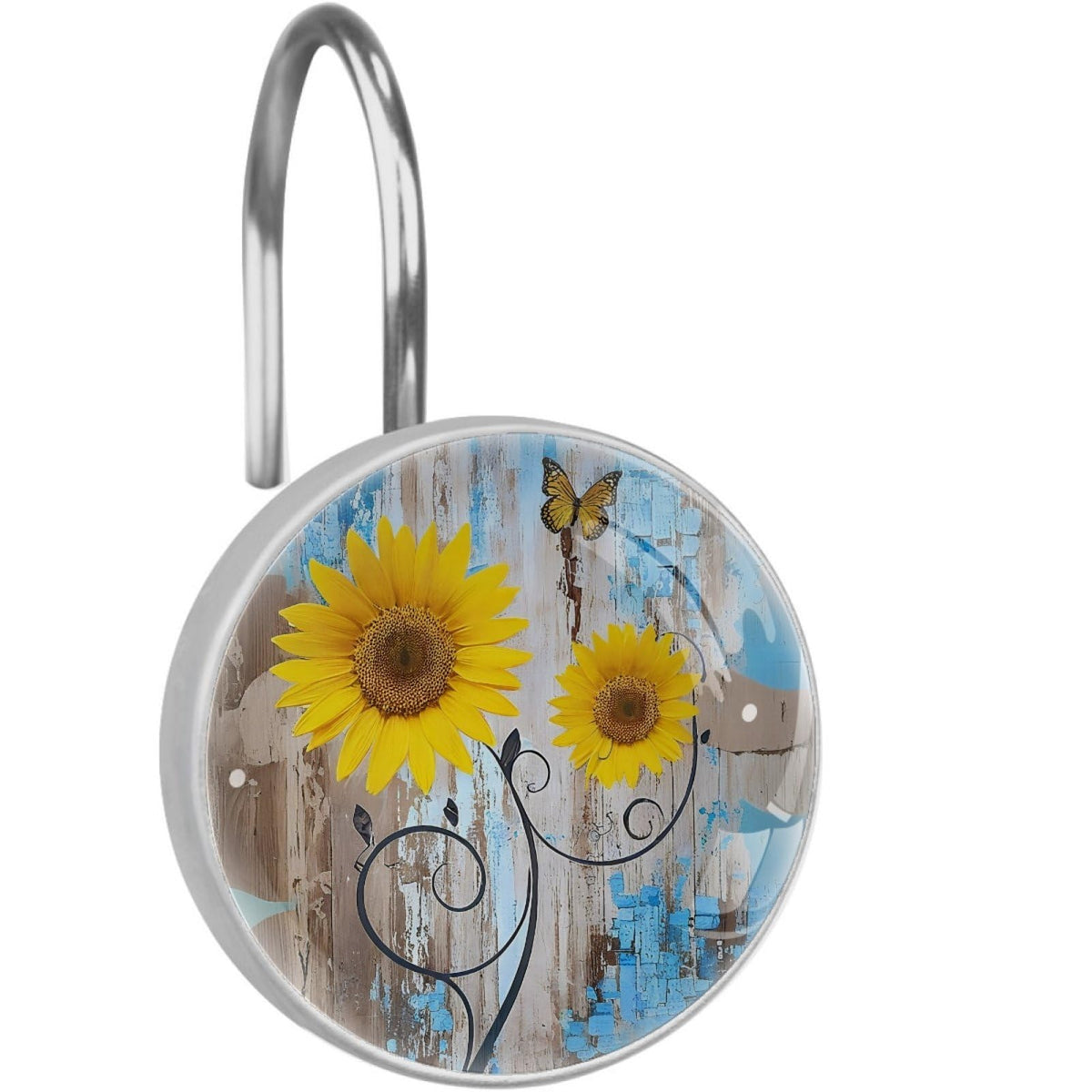 12 Pcs Farm Blue Daisy Butterfly on Country Wooden Shower Curtain Hooks, Decorative Shower Curtain Rings for Bathroom, Stainless Steel Rustproof Curtain Rings Hangers for Shower Curtain Rod