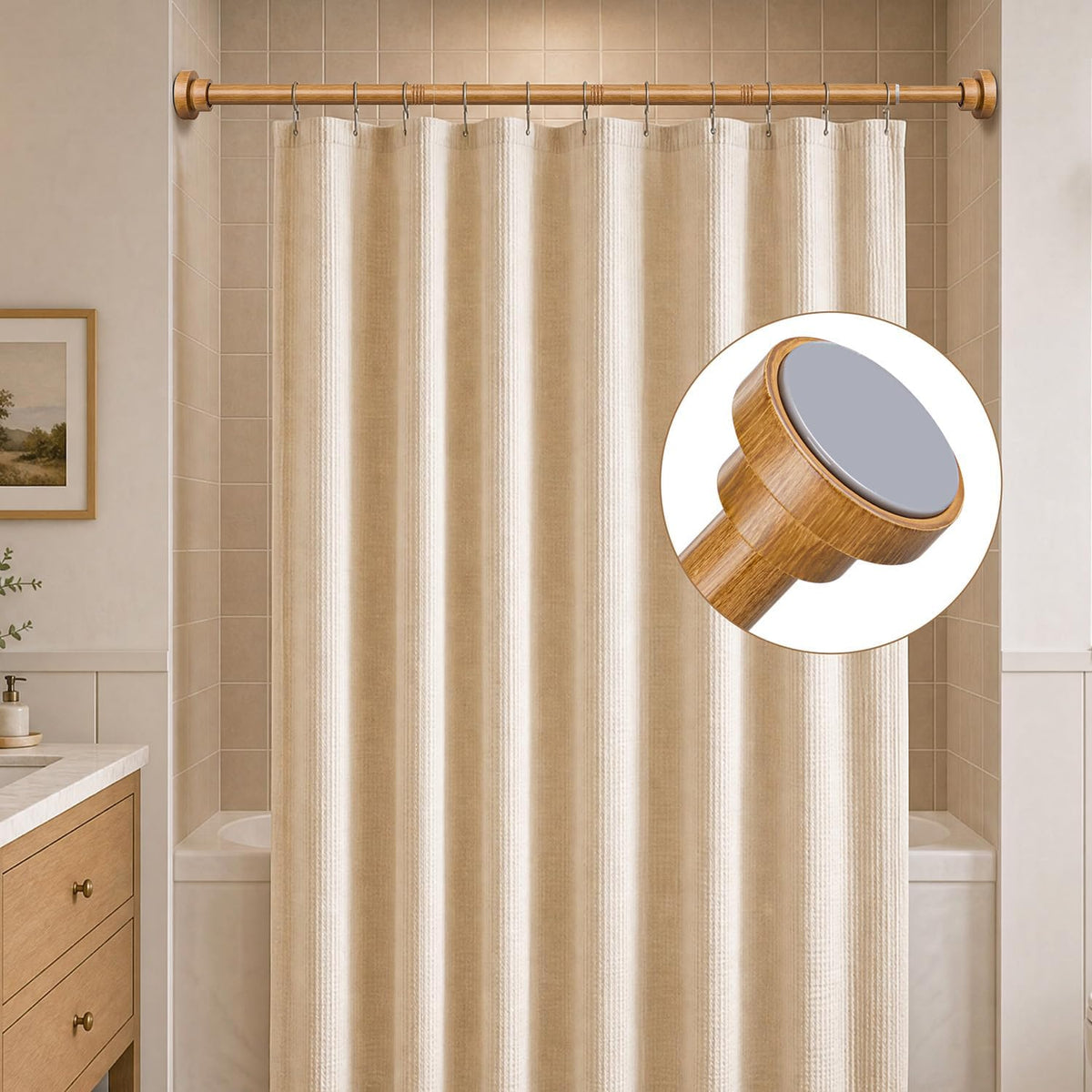 Wood Grain Shower Curtain Rod Tension 34 to 82 No Drill Adjustable