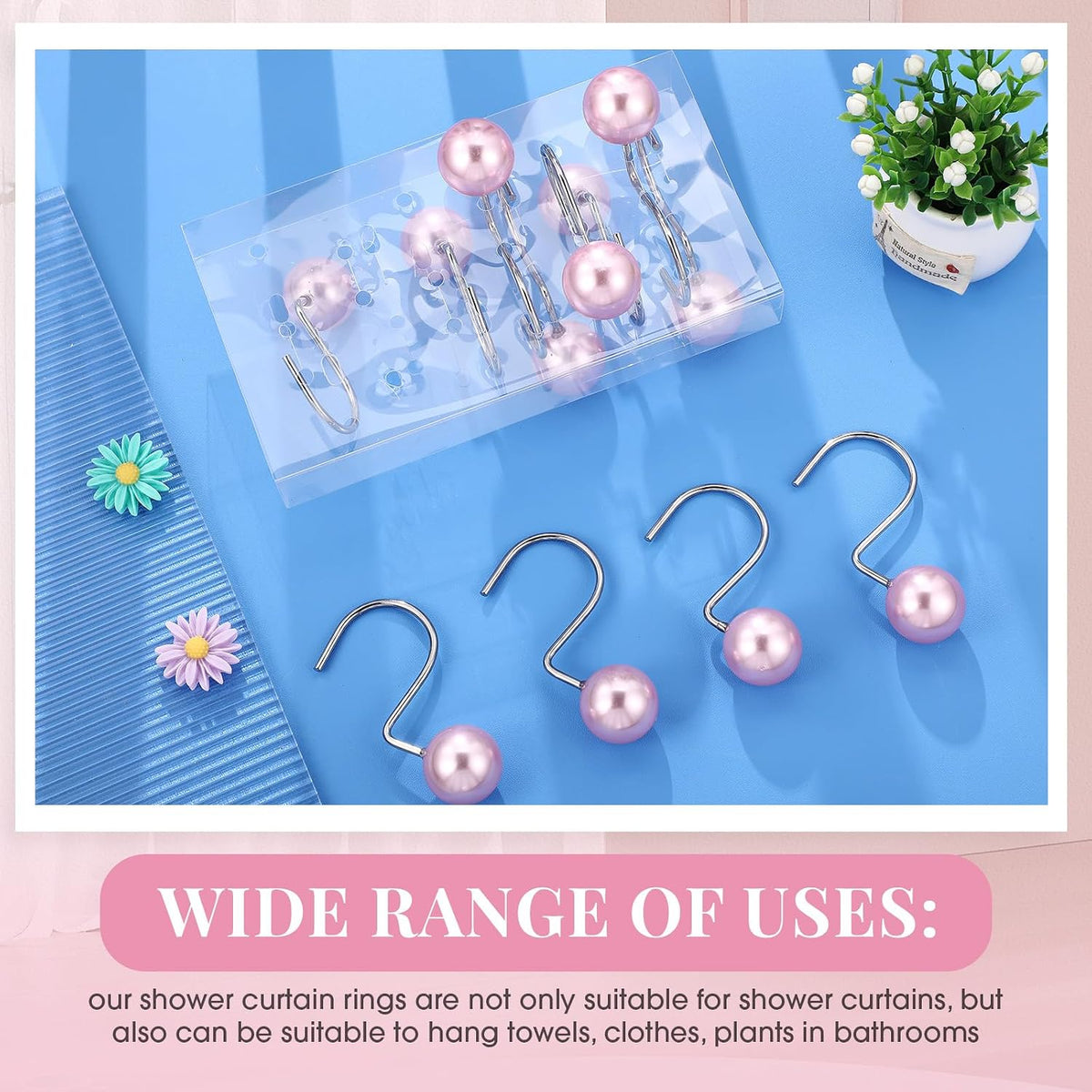 Threehoney 12 Pcs Cute Shower Curtain Hooks Shower Curtain RingPink