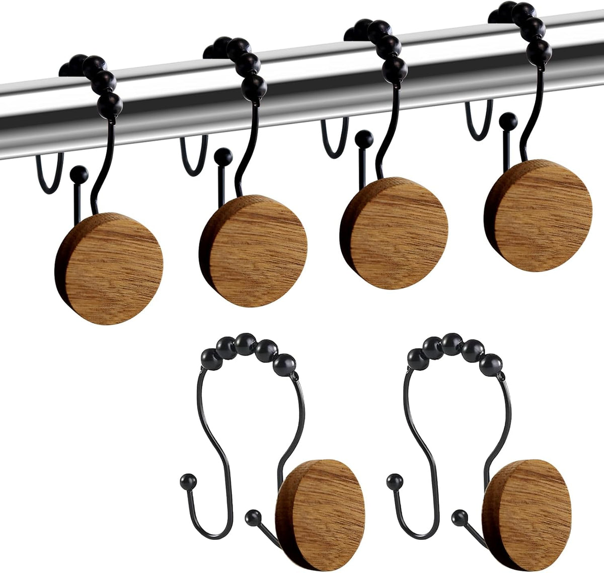Double Shower Curtain Hooks, Wood Decorative Shower Curtain Rings, 12 PCS Log Curtain Rings, Rustproof & Waterproof Metal Shower Curtain Hangers for Shower Curtain Rod, Bathroom, Bedroom (Black)