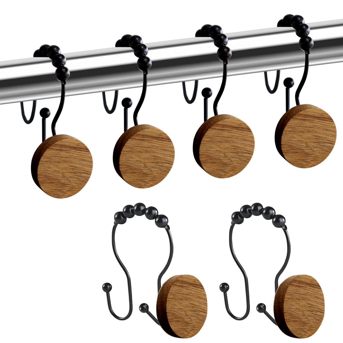 Double Shower Curtain Hooks, Wood Decorative Shower Curtain Rings, 12 PCS Log Curtain Rings, Rustproof & Waterproof Metal Shower Curtain Hangers for Shower Curtain Rod, Bathroom, Bedroom (Black)