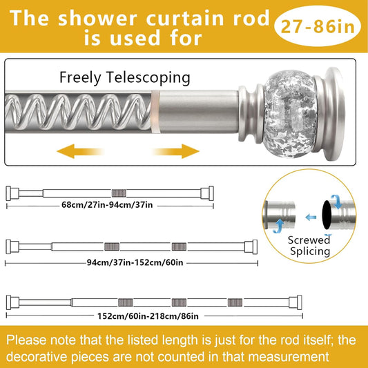 Shower Curtain Rod 27 to 86 Inch,1 Inch Diameter Shower Rod for Bathroom, No Drilling Tension Curtain Rod for Window, Adjustable Spring Tension Rod,No Drilling,No Rust,Silver
