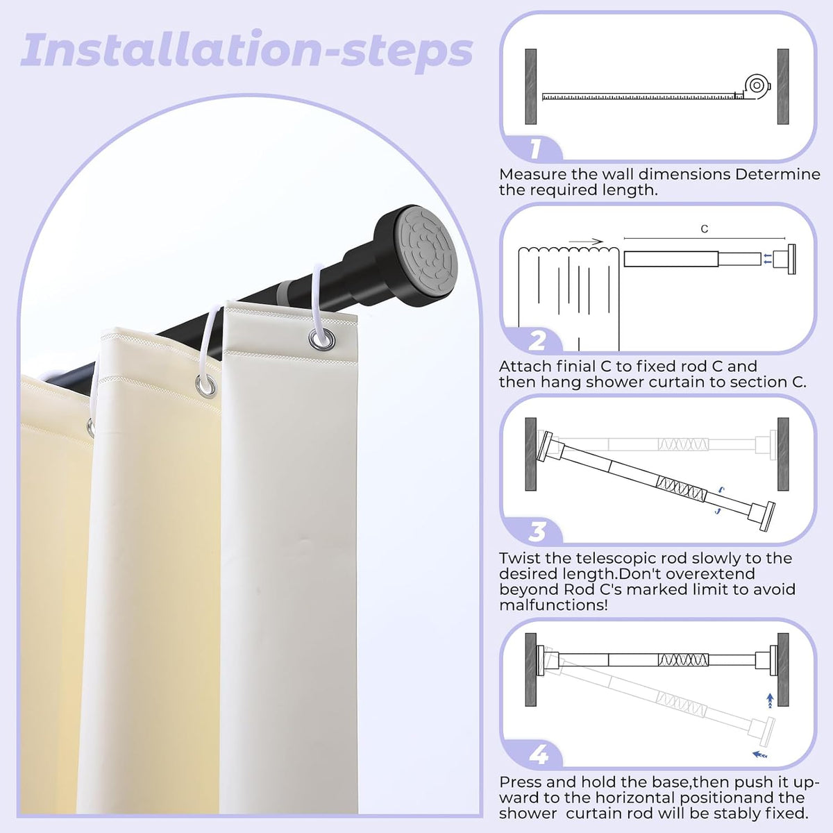 Black Shower Curtain Rod Spring Tension,Heavy Duty,No Drill,18-49"