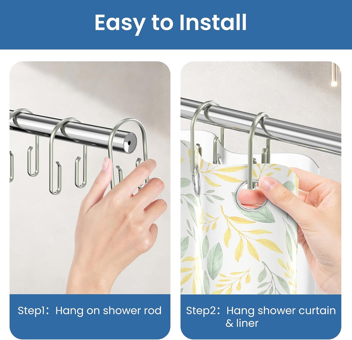 Shower Curtain Hooks Rings ,Double Sided Shower Curtain Hooks Rust Proof,12 pcs Shower Hooks for Inside Shower,Smooth Sliding Anti-Drop Double Shower Rings for Curtain (Nickel)