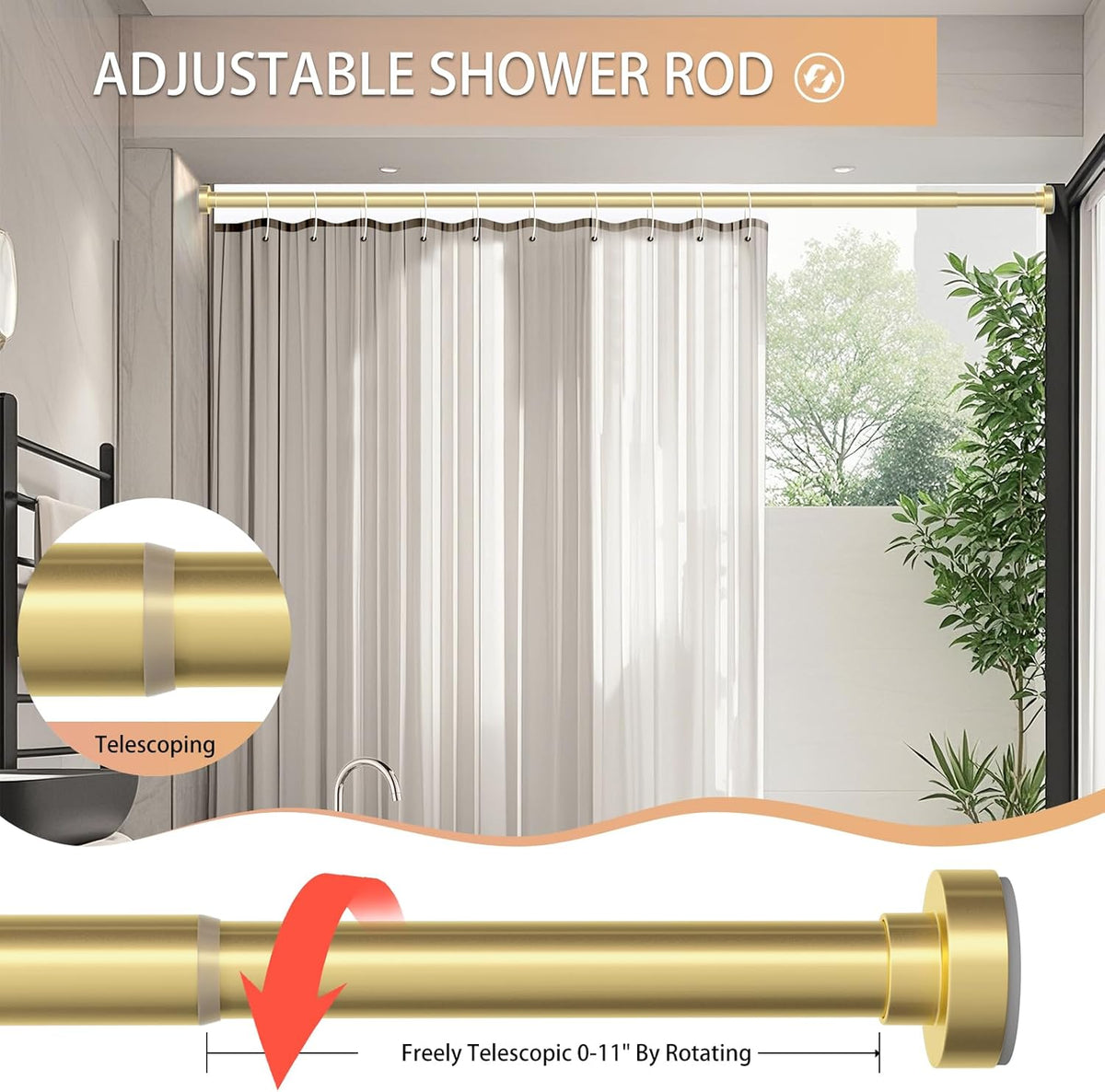 Gold Shower Curtain Rod 34-66 Inches(2.8-5.5ft) Never Rust Adjustable Shower Rod Spring Tension Non Slip No Drilling Shower Rods for Bathroom Garland Window