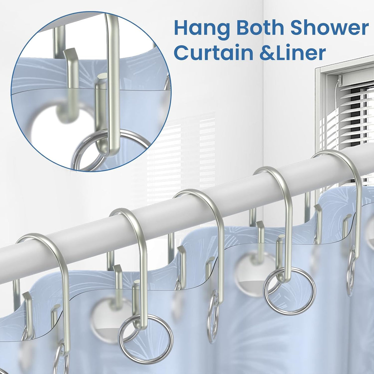 Shower Curtain Hooks Rings ,Double Sided Shower Curtain Hooks Rust Proof,12 pcs Shower Hooks for Inside Shower,Smooth Sliding Anti-Drop Double Shower Rings for Curtain (Nickel)