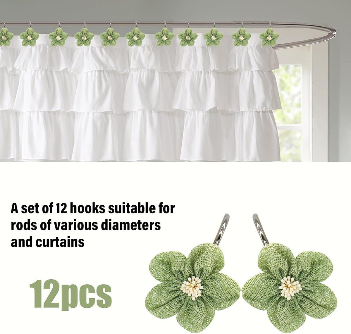Flower Decorative Shower Curtain Hooks, Stylish Fabric Flower Shower Curtain Rings, Fashion Shower Curtain Hangers, 12PCS Shower Hooks for Shower Curtain, Bathroom, Bedroom, Living Room (Green)