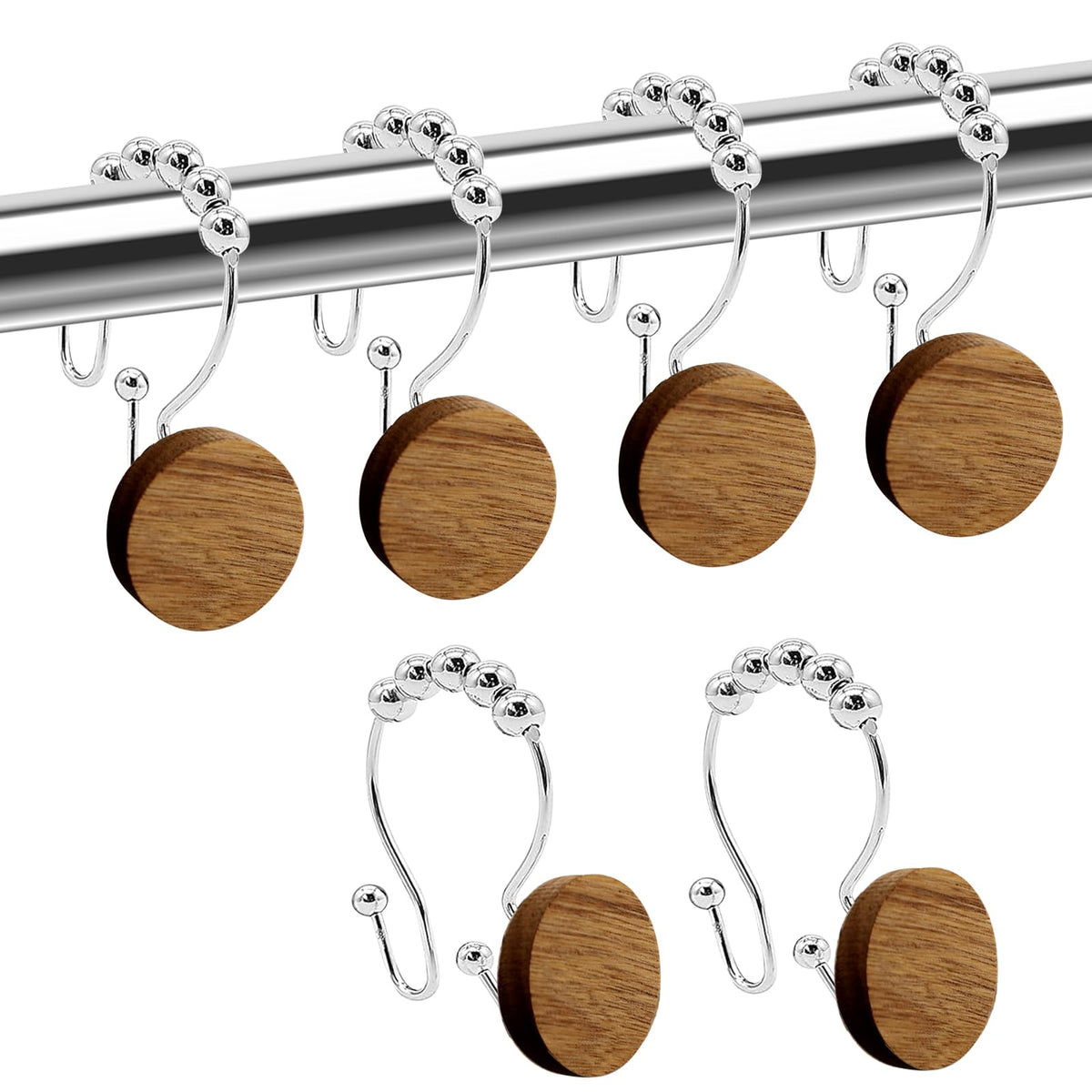 Double Shower Curtain Hooks, Wood Decorative Shower Curtain Rings, 12 PCS Log Curtain Rings, Rustproof & Waterproof Metal Shower Curtain Hangers for Shower Curtain Rod, Bathroom, Bedroom (Black)