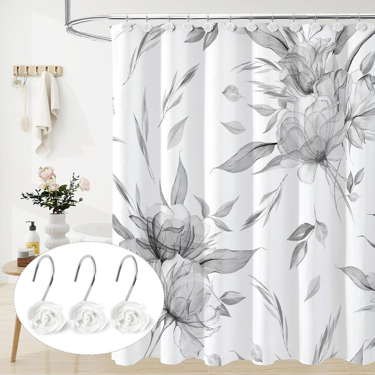 Cute Rose Floral Shower Curtain Hooks Rings for Bathroom,White 12PCS