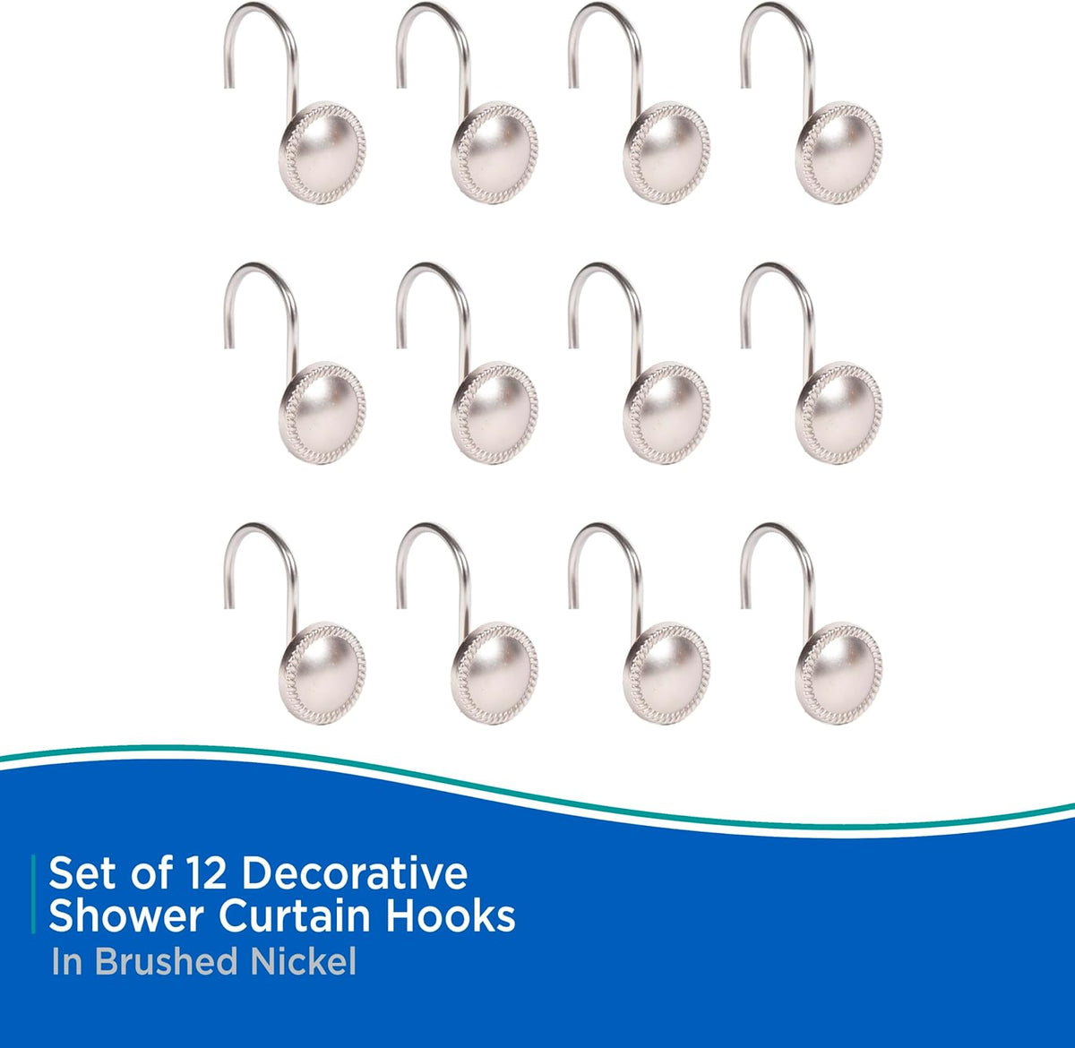 Kenney KN62151 Erin Rust-Resistant Metal Decorative Classic Shower Curtain Hooks for Shower Curtain and Standard Shower Curtain Rod, Bathroom Use, Easy to Install, Set of 12, Brushed Nickel