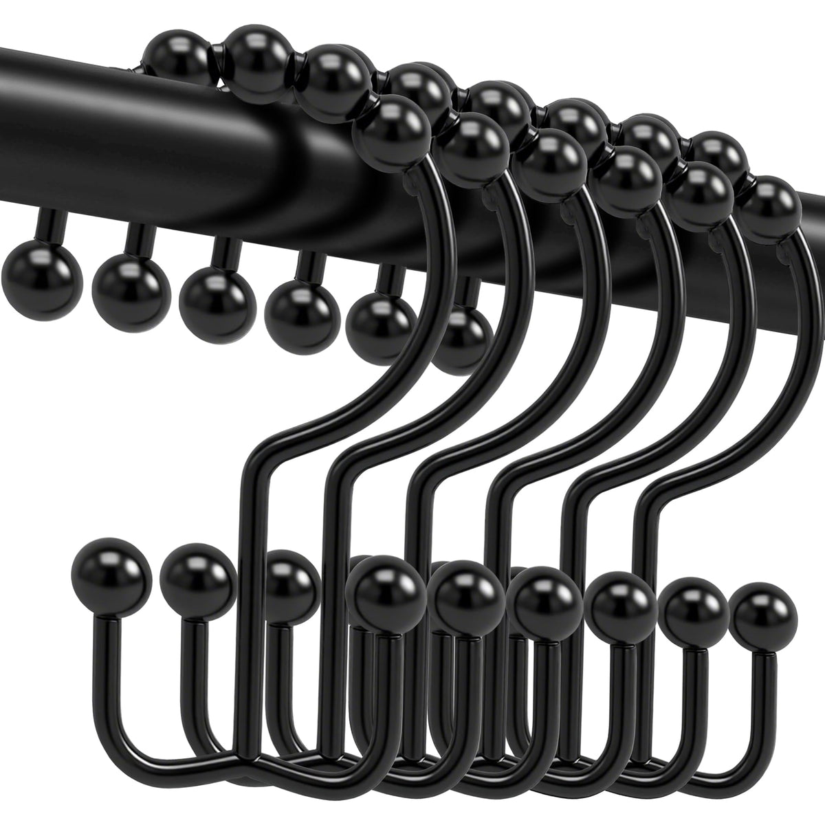 Shower Curtain Hooks, 12 Pcs Rustproof Metal Shower Curtain Rings,Free Sliding Double Shower Hooks for Shower Curtain & Liners, Shower Curtain Hangers for Bathroom Shower Curtain Rods Curtains (Black)