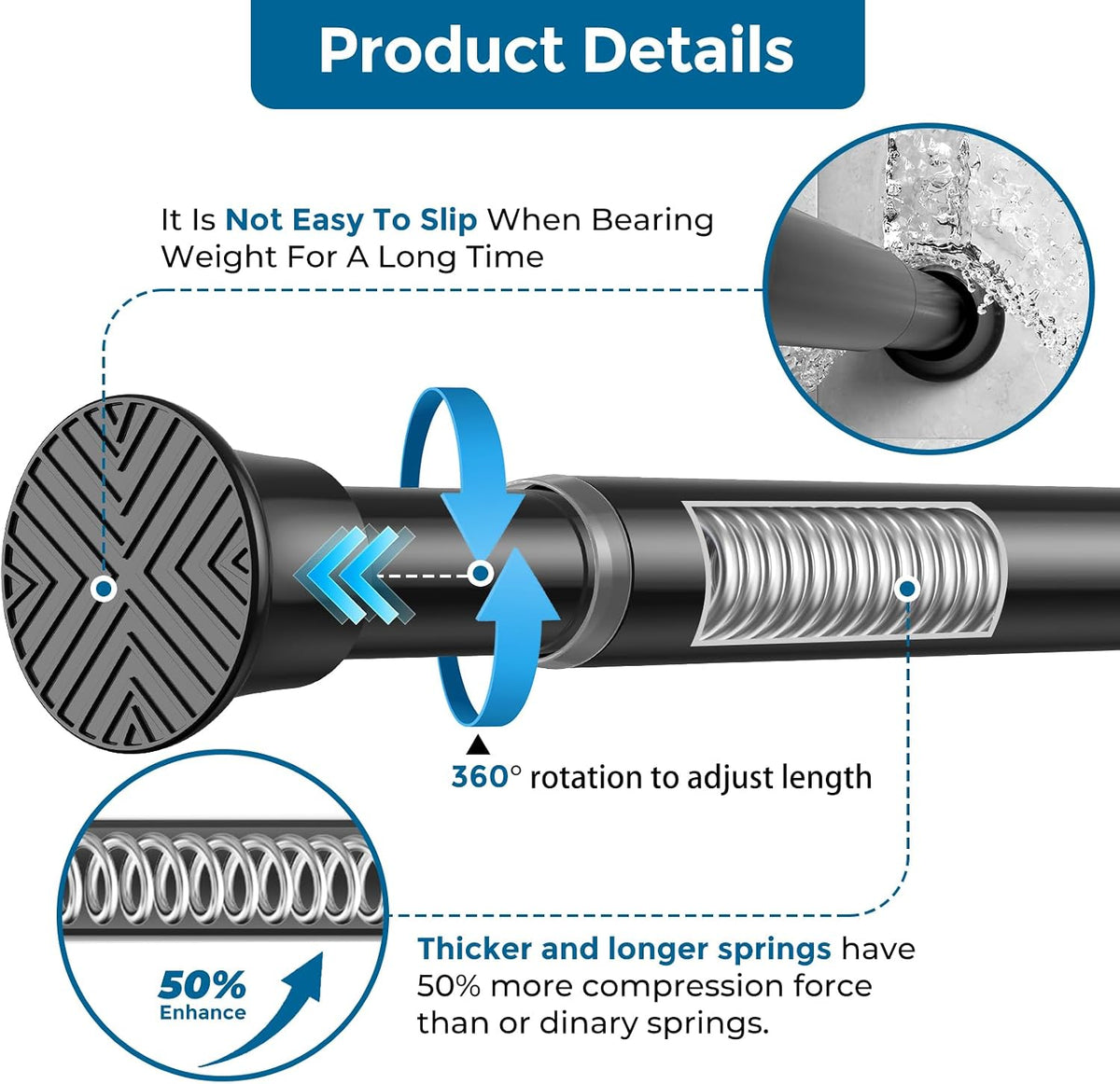 AIZESI Tension Rod 24-46 inch, Tool-Free No Drill Spring Curtain Rod, Black