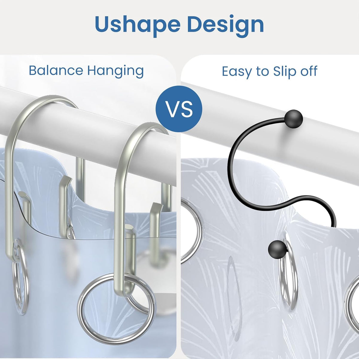 Shower Curtain Hooks Rings ,Double Sided Shower Curtain Hooks Rust Proof,12 pcs Shower Hooks for Inside Shower,Smooth Sliding Anti-Drop Double Shower Rings for Curtain (Nickel)