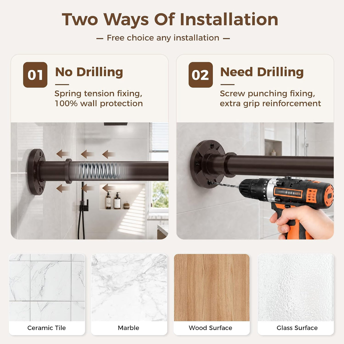 Brown Tension Curtain Rod 30-120 Inch, Heavy Duty Shower Rod