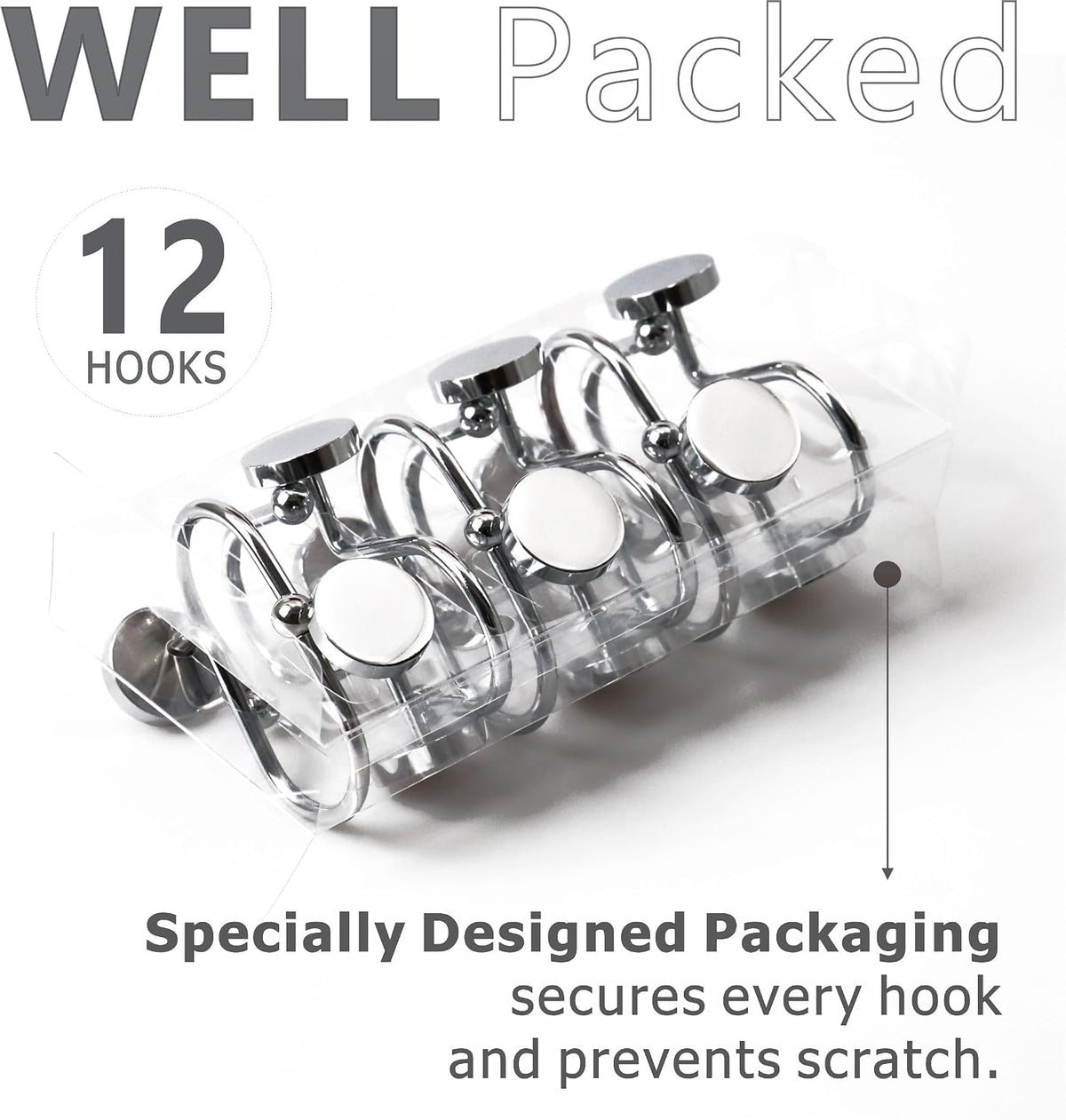 Silver Chrome Shower Curtain Hooks: Rust Proof Metal Curtain Rings, 12Pcs