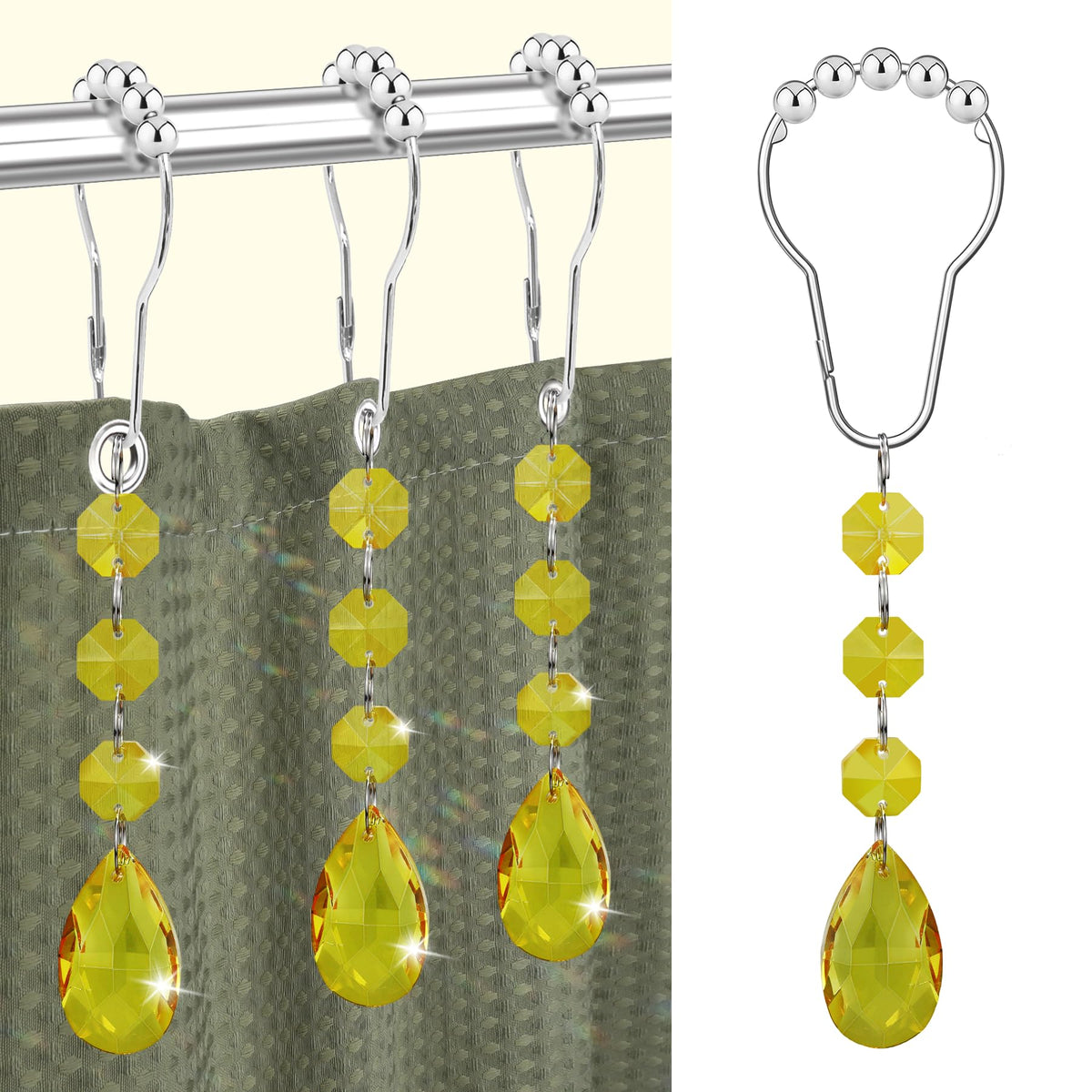 Shower Curtain Hooks Rings for Bathroom, 12PCS Gemstone Crystal Bead Water Drop Stainless Steel Rust Resistant Clear Shower Curtain Rings (Clear)
