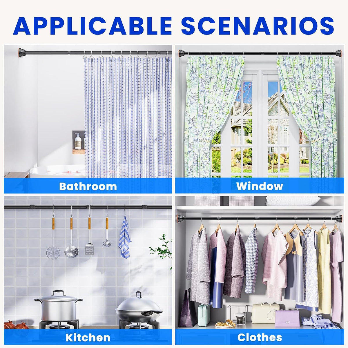 TITGIPE Black Shower Curtain Rod 32-80 Inches, No Drilling Tension Curtain Rod, Rust Proof Adjustable Spring Rods for Bathroom and Window, Stainless Steel
