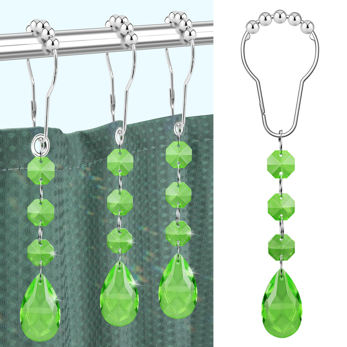 Shower Curtain Hooks Rings for Bathroom, 12PCS Gemstone Crystal Bead Water Drop Stainless Steel Rust Resistant Clear Shower Curtain Rings (Clear)