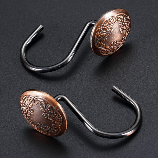 Chictie Bronze Shower Curtain Hooks Rings-Oil Rubbed Decorative Shower Curtain Hooks,Set of 12 Metal Rustproof Shower Hangers Rings for Bathroom Curtains Rods Vintage Brown Pattern Design