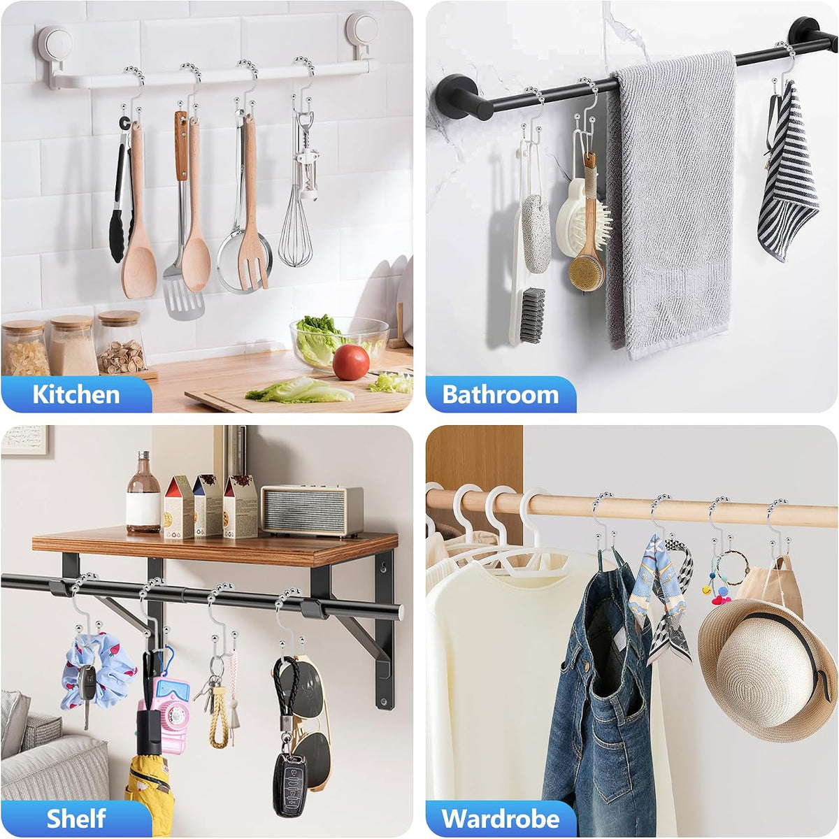 Resze 12PCS Shower Curtain Hooks, Metal Double Shower Curtain Rings, Chrome