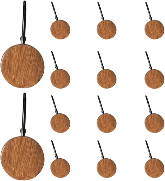 Wood Decorative Shower Curtain Hooks, 12pcs Modern Round Log Art Deco Resin Rust Resistant Hooks Glide Shower Ring Hangs Holder Bling for Bathroom Baby Living Room Nursery