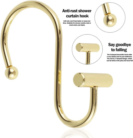 Decorative Brushed Gold Shower Curtain Hooks Rust Proof for Bathroom, Metal, 12pcs Premium Rust Resistant Hooks Glide Shower Ring Hang Holder T Shape Hooks for Living Room