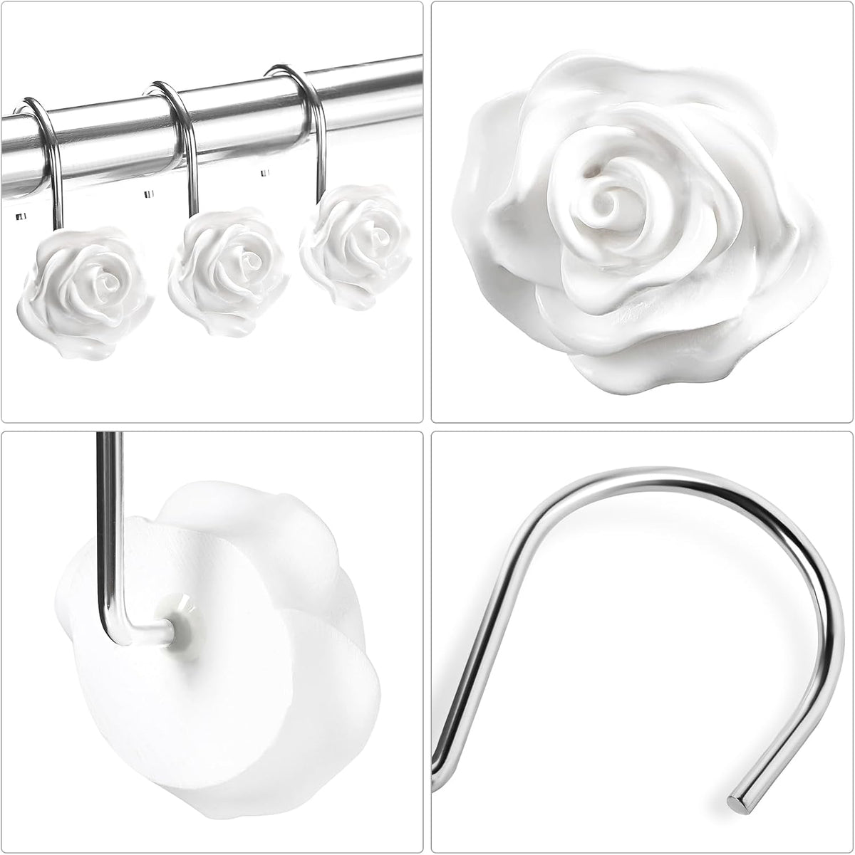 Cute Rose Floral Shower Curtain Hooks Rings for Bathroom,White 12PCS