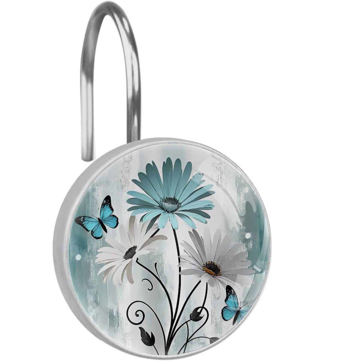 12 Pcs Farm Blue Daisy Butterfly on Country Wooden Shower Curtain Hooks, Decorative Shower Curtain Rings for Bathroom, Stainless Steel Rustproof Curtain Rings Hangers for Shower Curtain Rod