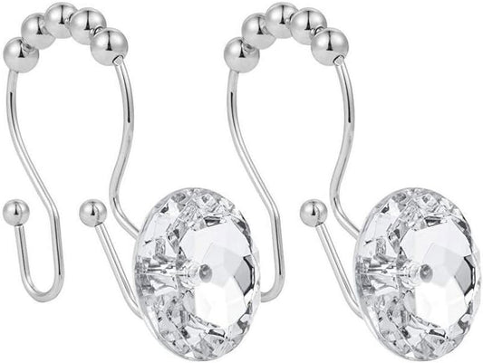 Shower Window Curtain Double Hooks，Stainless Steel Rustproof Crystal Rhinestones Gem Hooks 12-Pack (Rhinestone White)