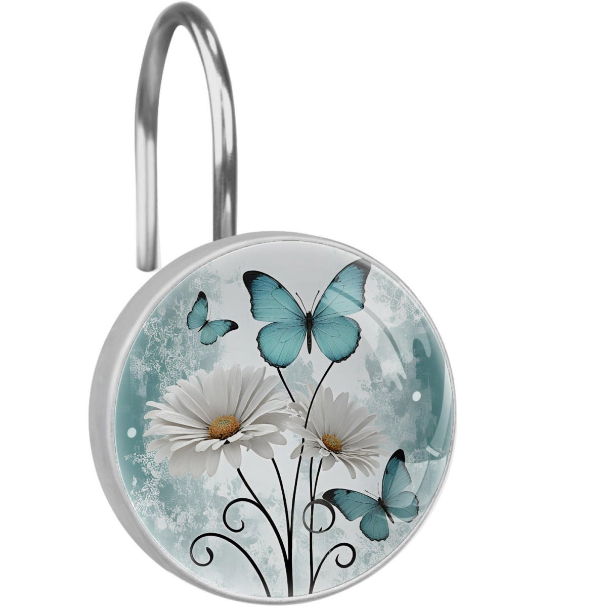 12 Pcs Farm Blue Daisy Butterfly on Country Wooden Shower Curtain Hooks, Decorative Shower Curtain Rings for Bathroom, Stainless Steel Rustproof Curtain Rings Hangers for Shower Curtain Rod
