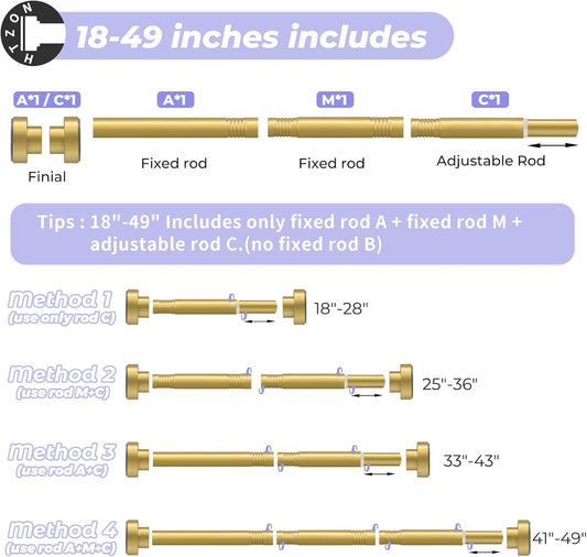 Spring Tension Shower Curtain Rod,18-49",Heavy Duty,No Drill,Gold