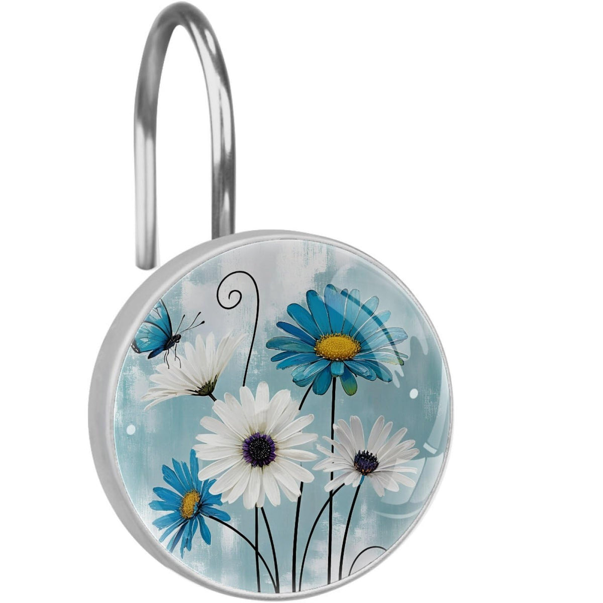 12 Pcs Farm Blue Daisy Butterfly on Country Wooden Shower Curtain Hooks, Decorative Shower Curtain Rings for Bathroom, Stainless Steel Rustproof Curtain Rings Hangers for Shower Curtain Rod