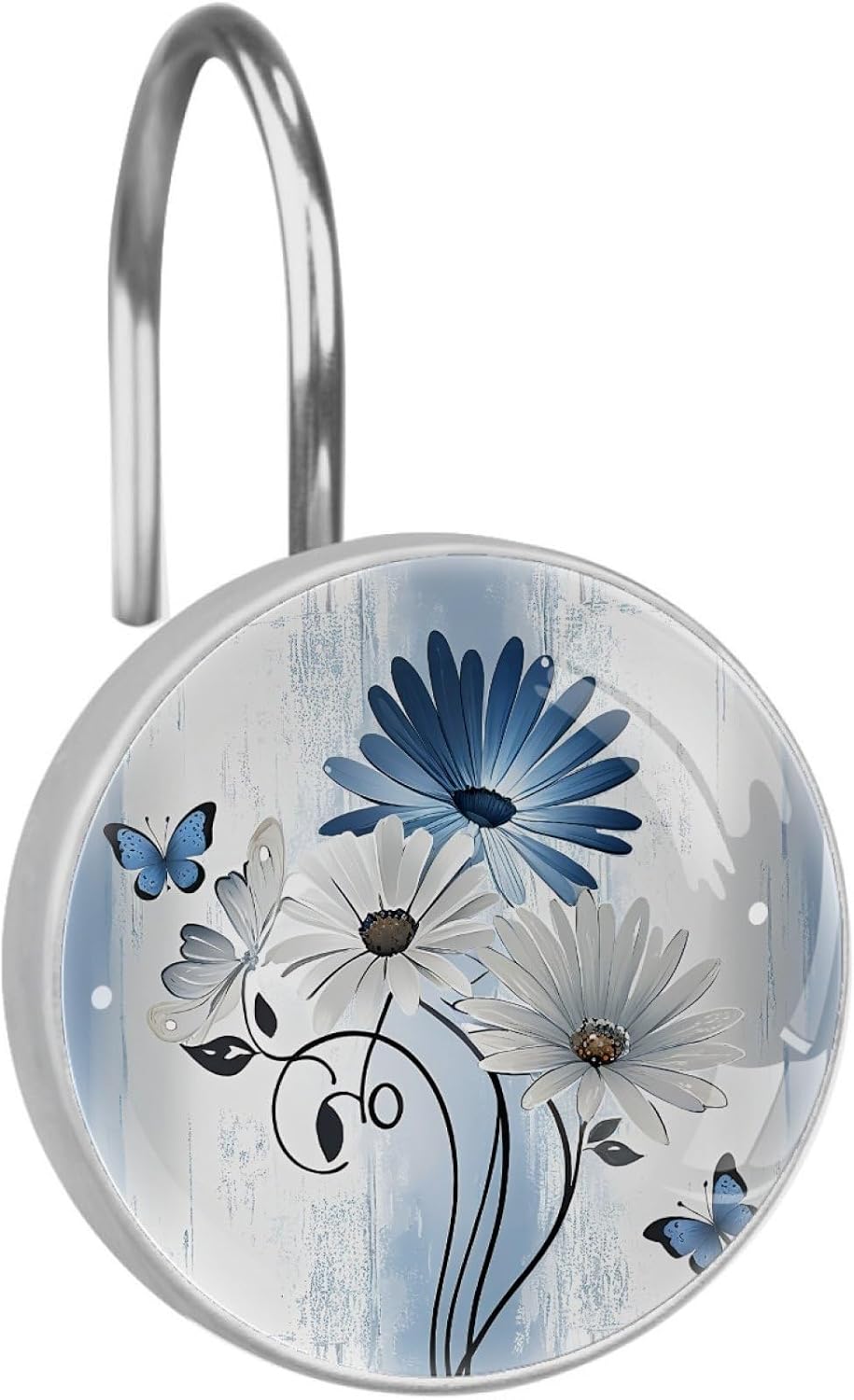 12 Pcs Farm Blue Daisy Butterfly on Country Wooden Shower Curtain Hooks, Decorative Shower Curtain Rings for Bathroom, Stainless Steel Rustproof Curtain Rings Hangers for Shower Curtain Rod