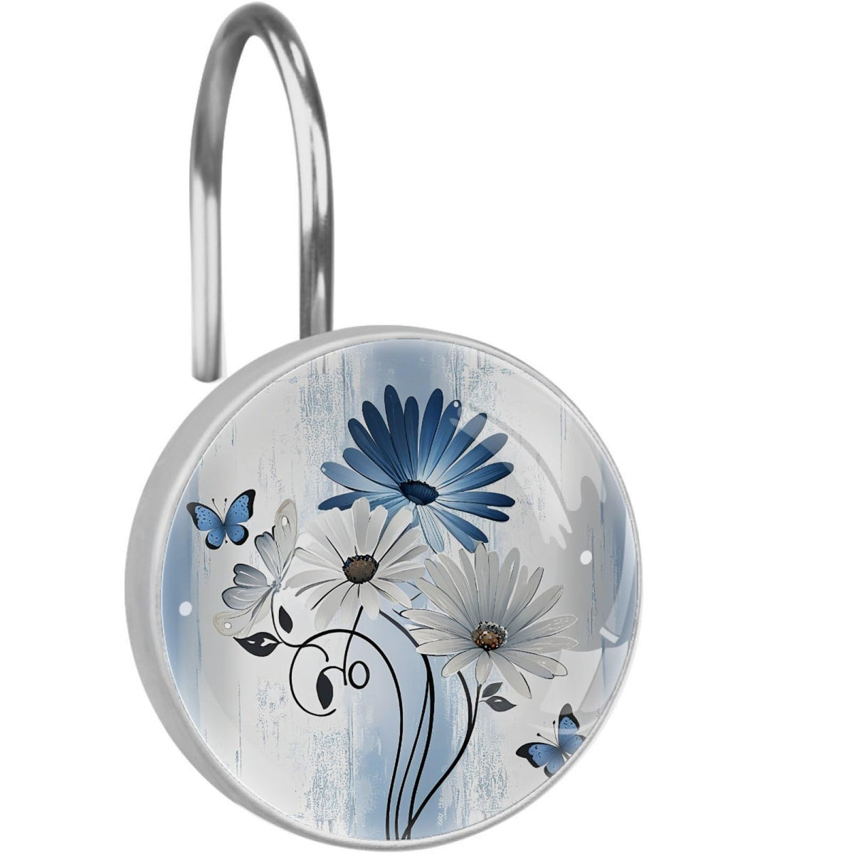 12 Pcs Farm Blue Daisy Butterfly on Country Wooden Shower Curtain Hooks, Decorative Shower Curtain Rings for Bathroom, Stainless Steel Rustproof Curtain Rings Hangers for Shower Curtain Rod