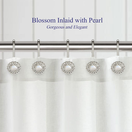 Nickel Shower Curtain Hooks Rings, Decorative Shower Curtain Hangers, Heavy Duty Metal Shower Rings, Sunflower Shower Hooks for Shower Curtain Rod and Liner, Bathroom Curtain Hooks, Set of 12