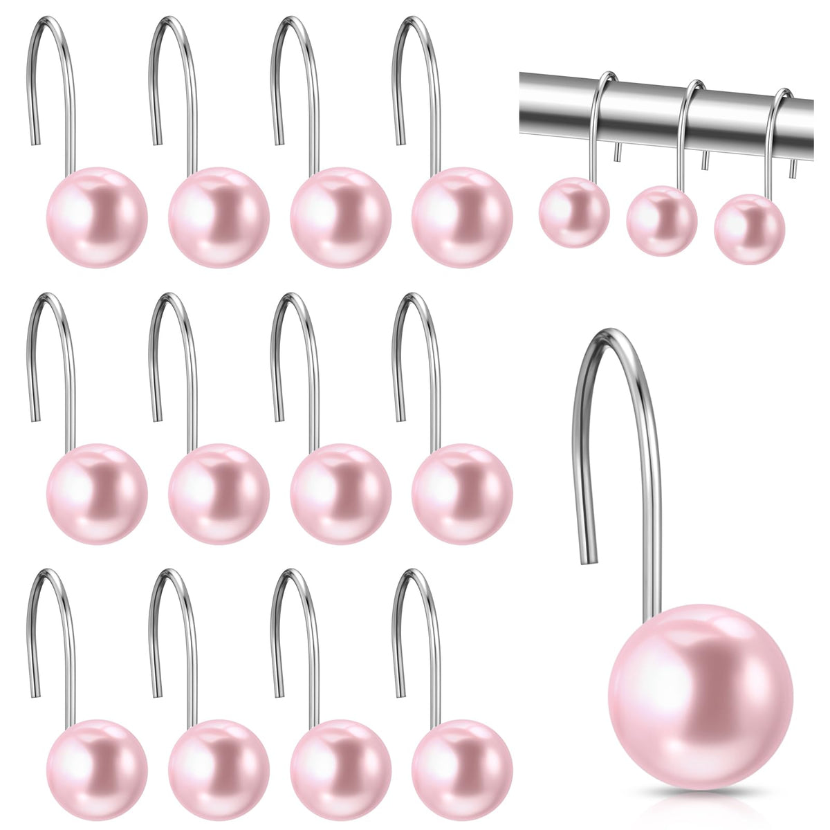 Threehoney 12 Pcs Cute Shower Curtain Hooks Shower Curtain RingPink