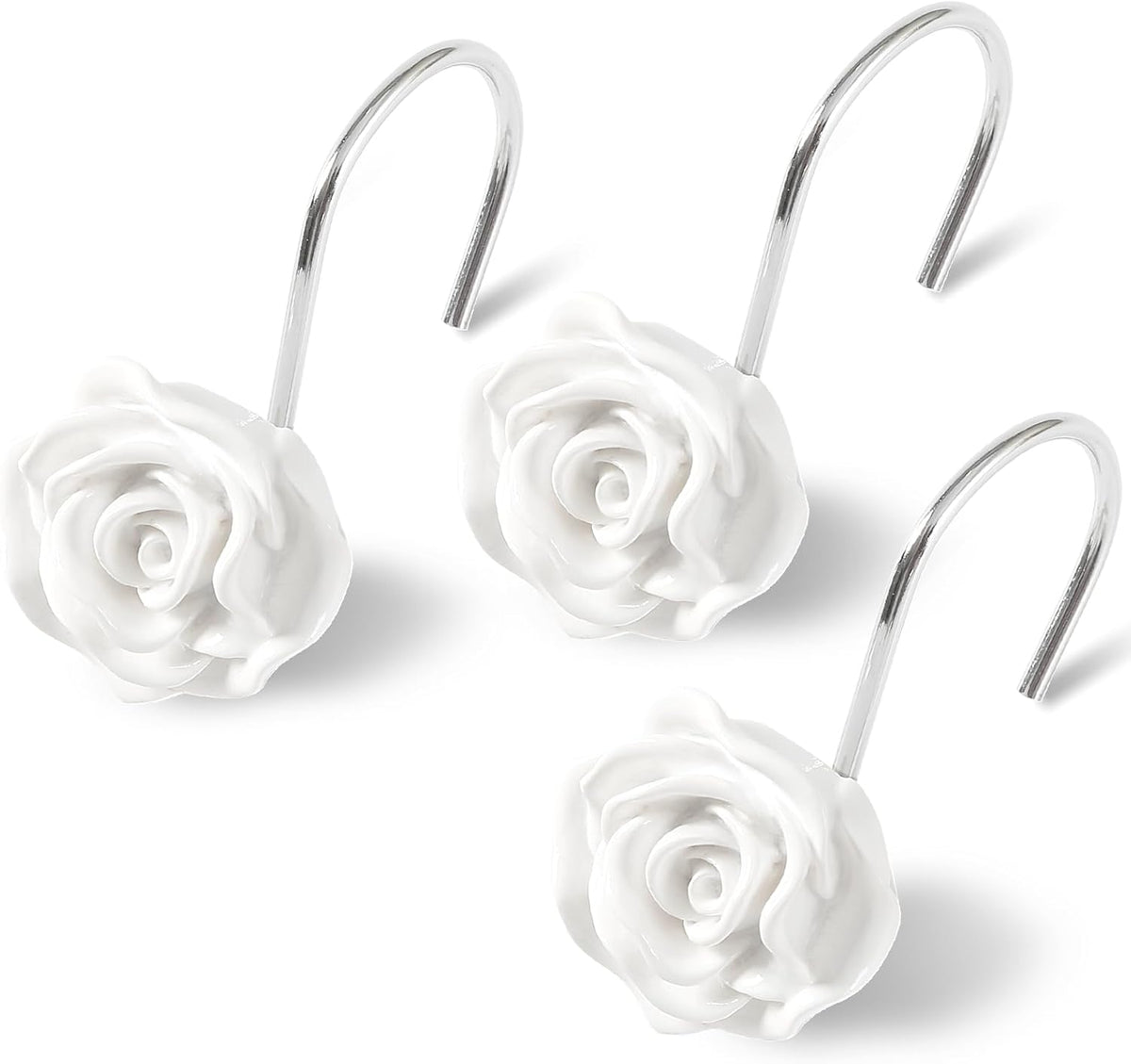 Cute Rose Floral Shower Curtain Hooks Rings for Bathroom,White 12PCS