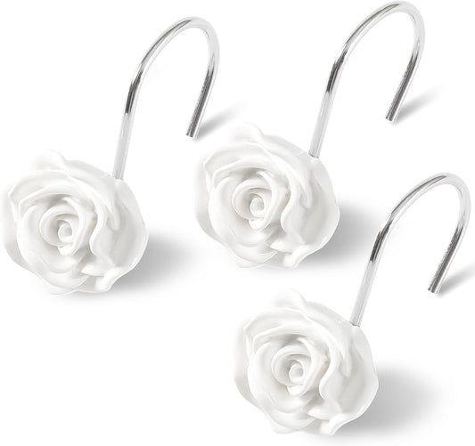 Cute Rose Floral Shower Curtain Hooks Rings for Bathroom,White 12PCS