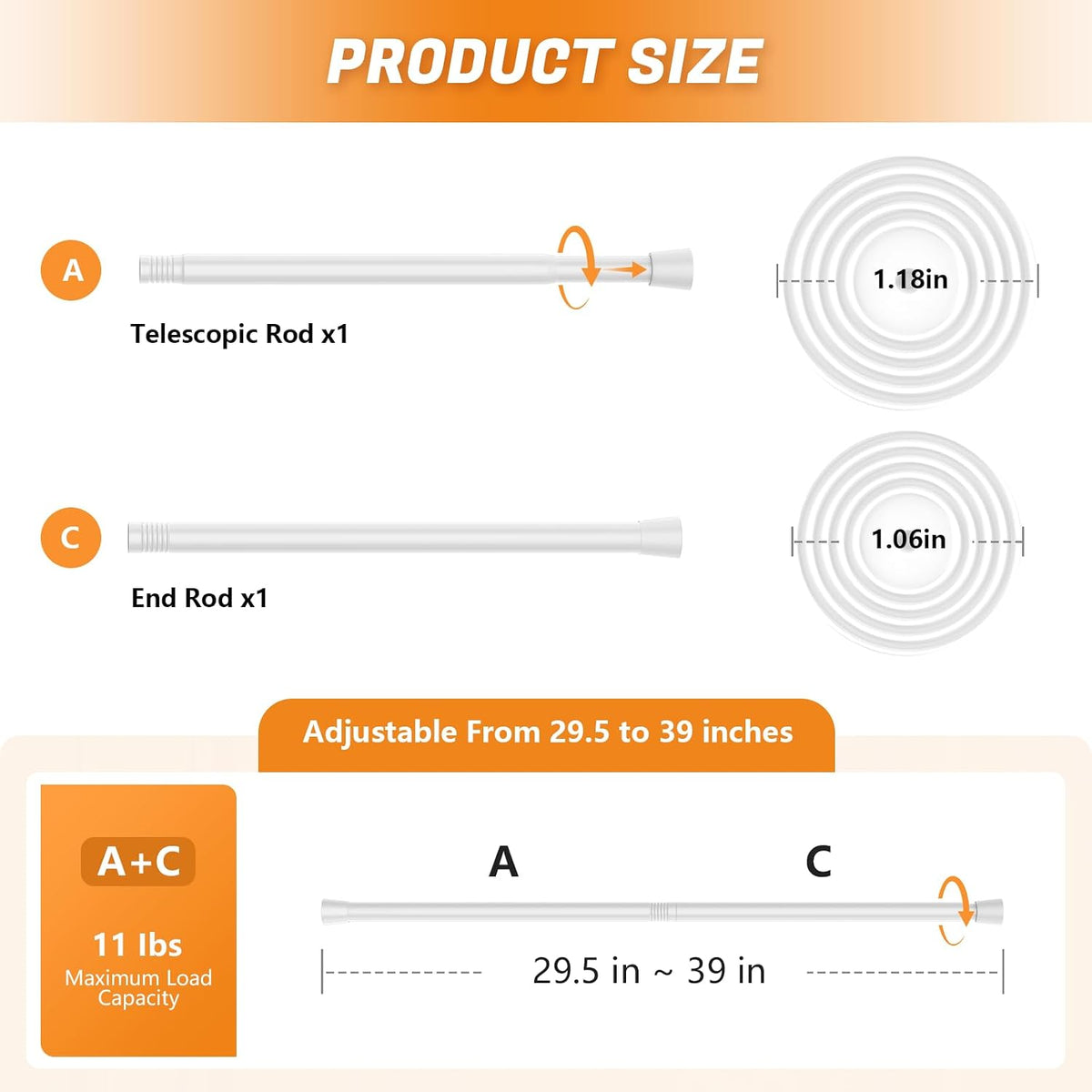 Shower Curtain Rod 29.5-39 Inch White Shower Rod 7/8" Tension Curtain Rod