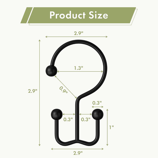 Amazer Black Shower Curtain Hooks, 12PCS Minimalist Simple Double Shower Curtain Rings, Rust-Resistant Metal Shower Hooks Shower Curtain Hangers, Shower Rings for Bathroom Shower Rods Curtains
