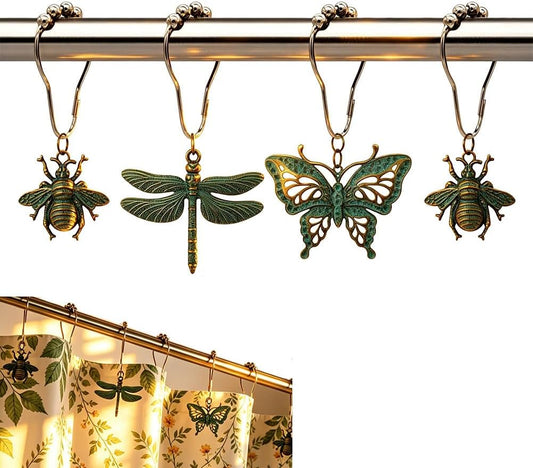 12Pcs Antique Green Dragonfly Butterfly Bee Shower Curtain Hooks Rings