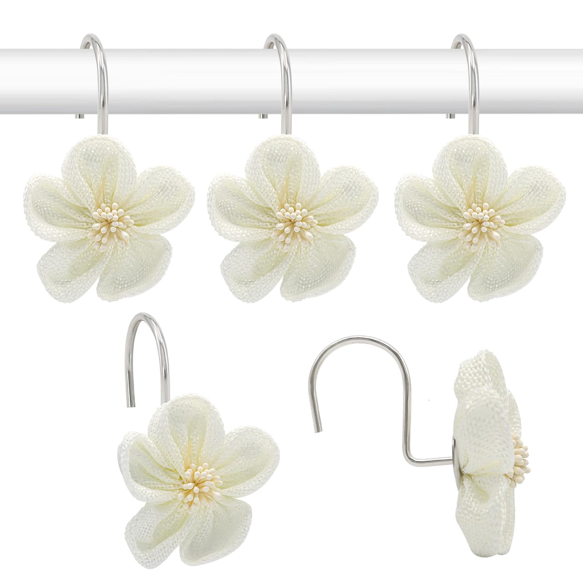 Flower Decorative Shower Curtain Hooks, Stylish Fabric Flower Shower Curtain Rings, Fashion Shower Curtain Hangers, 12PCS Shower Hooks for Shower Curtain, Bathroom, Bedroom, Living Room (Green)