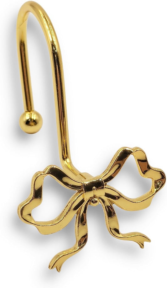 Gold Bow Shower Curtain Hooks, 12 Pack Coquette Bathroom Decor, Decorative Metal Rust Proof Shower Curtain Rings for Feminine, Vintage & Luxury Bathroom Aesthetic