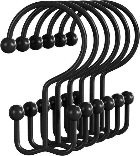 Bathway Shower Curtain Hooks Matte Black Shower Curtain Rings, 12 Pcs Double Hook Shower Curtain Hooks Rings Shower Curtain Hangers Rust Proof, Metal Shower Hooks for Bathroom Shower Curtain Rod