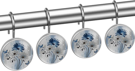 12 Pcs Farm Blue Daisy Butterfly on Country Wooden Shower Curtain Hooks, Decorative Shower Curtain Rings for Bathroom, Stainless Steel Rustproof Curtain Rings Hangers for Shower Curtain Rod
