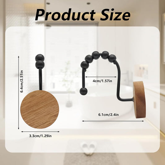Wood Shower Curtain Hooks, Wooden Decorative Shower Curtain Rings, Modern Round Log Shower Curtain Hangers, 12PCS Shower Hooks for Shower Curtain Rod, Bathroom, Bedroom, Living Room (Black)